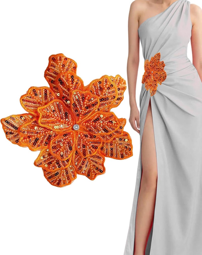 SAIXCCS 1pc Handmade Large Flower Rhinestone Applique for Clothes, Sparkly Sequin Beaded Patches for Wedding Dress, Embroidery Lace Sewing Patches for Bodice Hat Jean Jacket (Orange) - Image 1